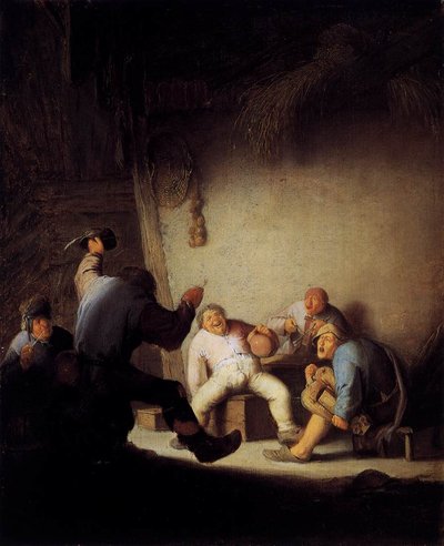 Campesinos bebiendo y haciendo música en un granero de Adriaen Jansz. van Ostade
